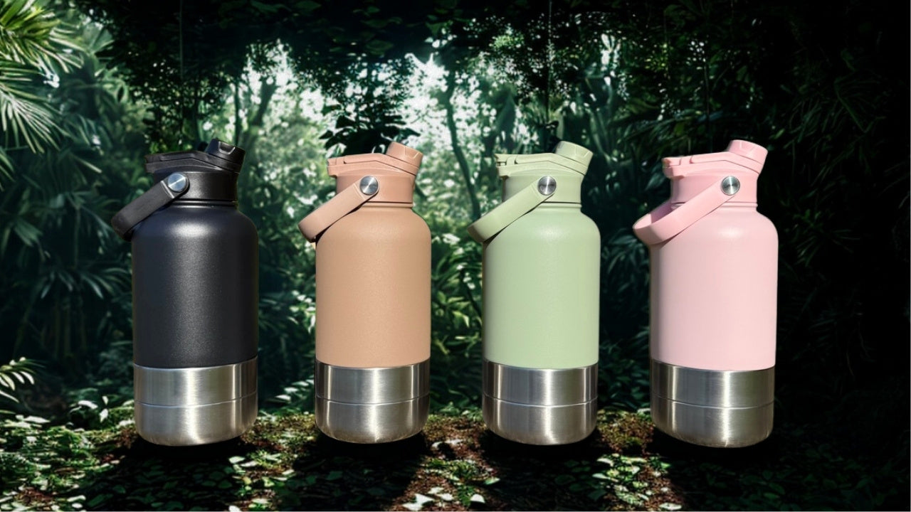 Four insulated bottles in black, beige, green, and pink with silver caps against a natural background.