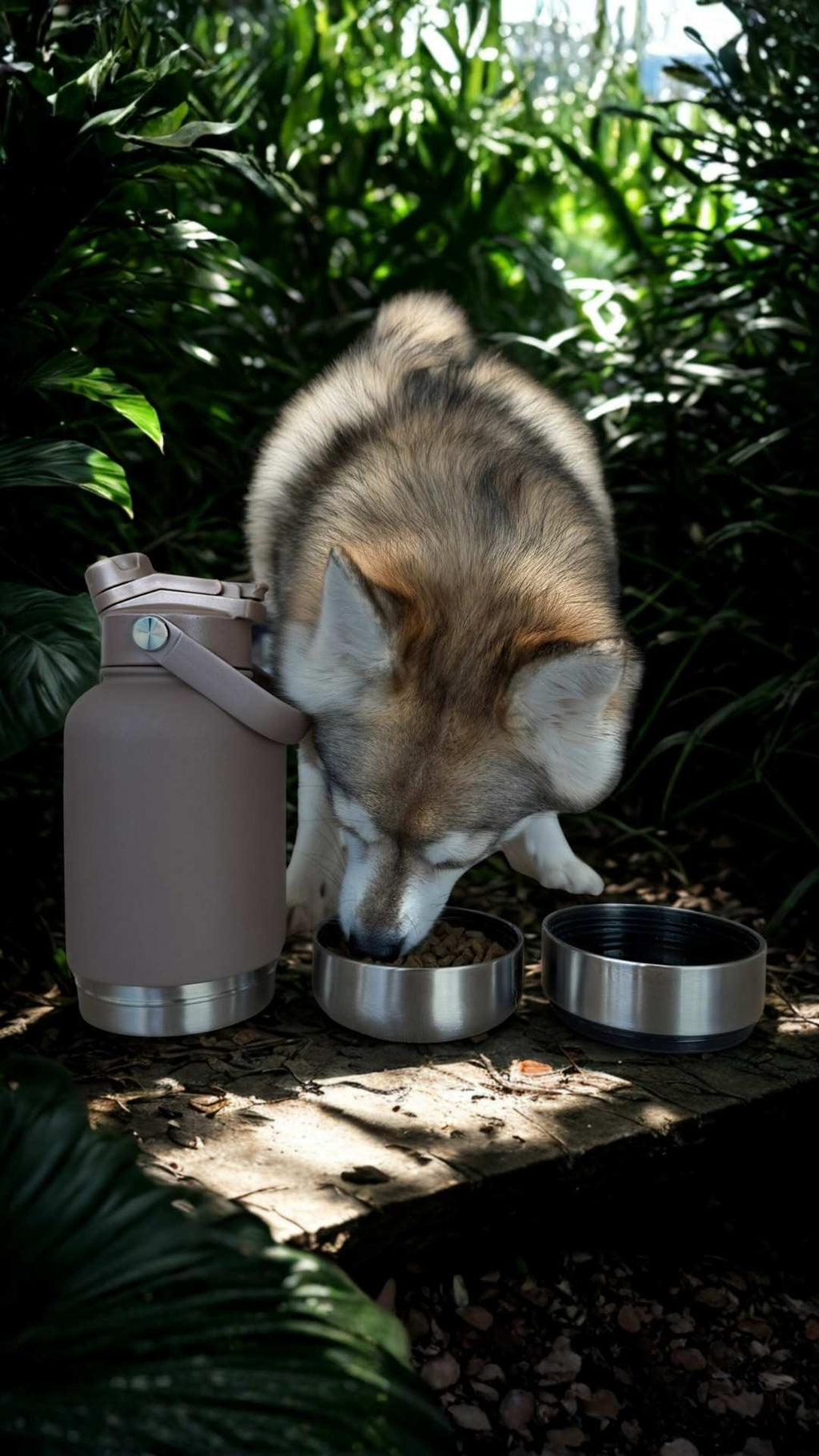 Dog drinking from a metal bowl next to a water bottle in a natural setting