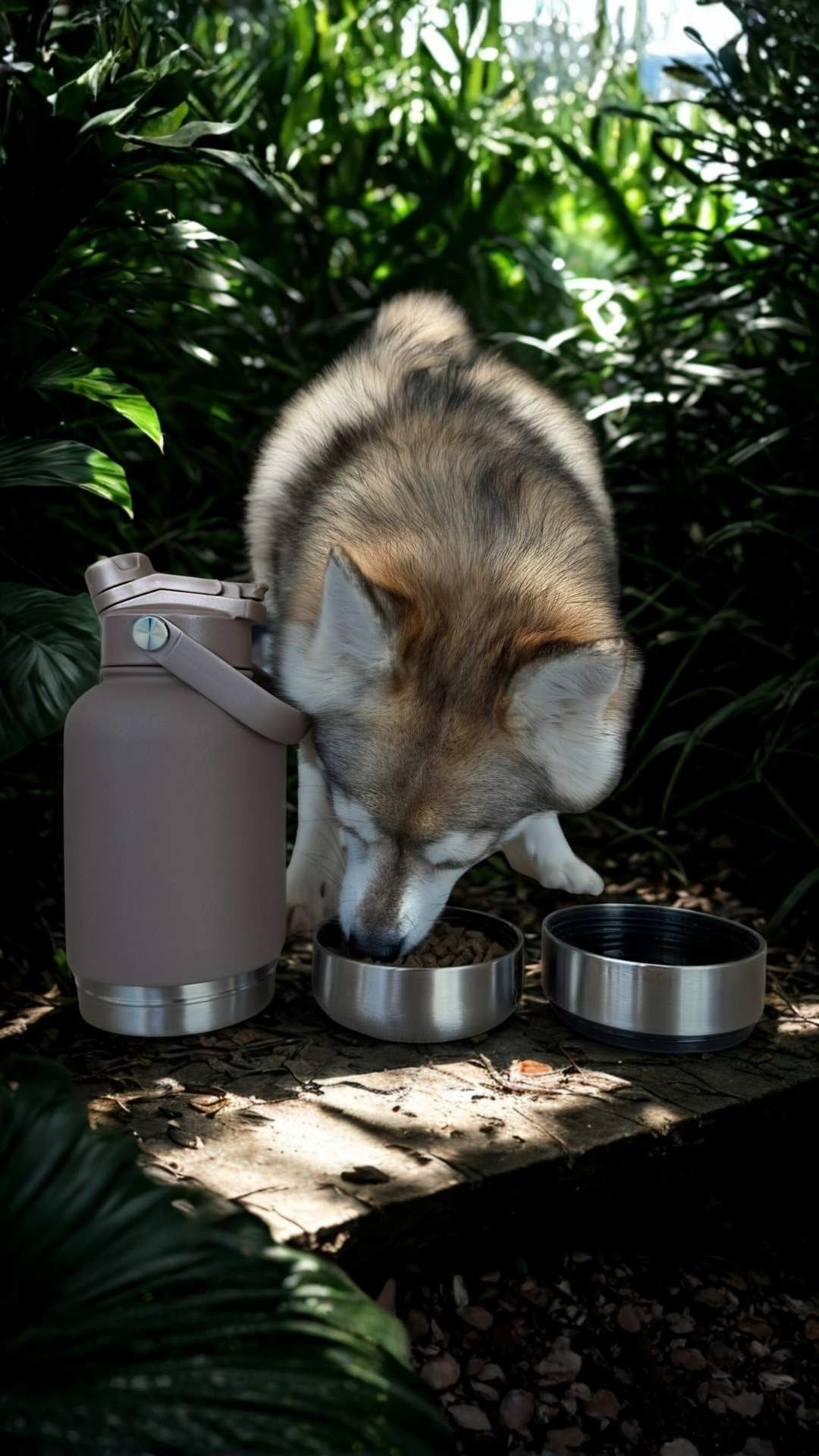 Dog drinking from a metal bowl next to a water bottle in a natural setting