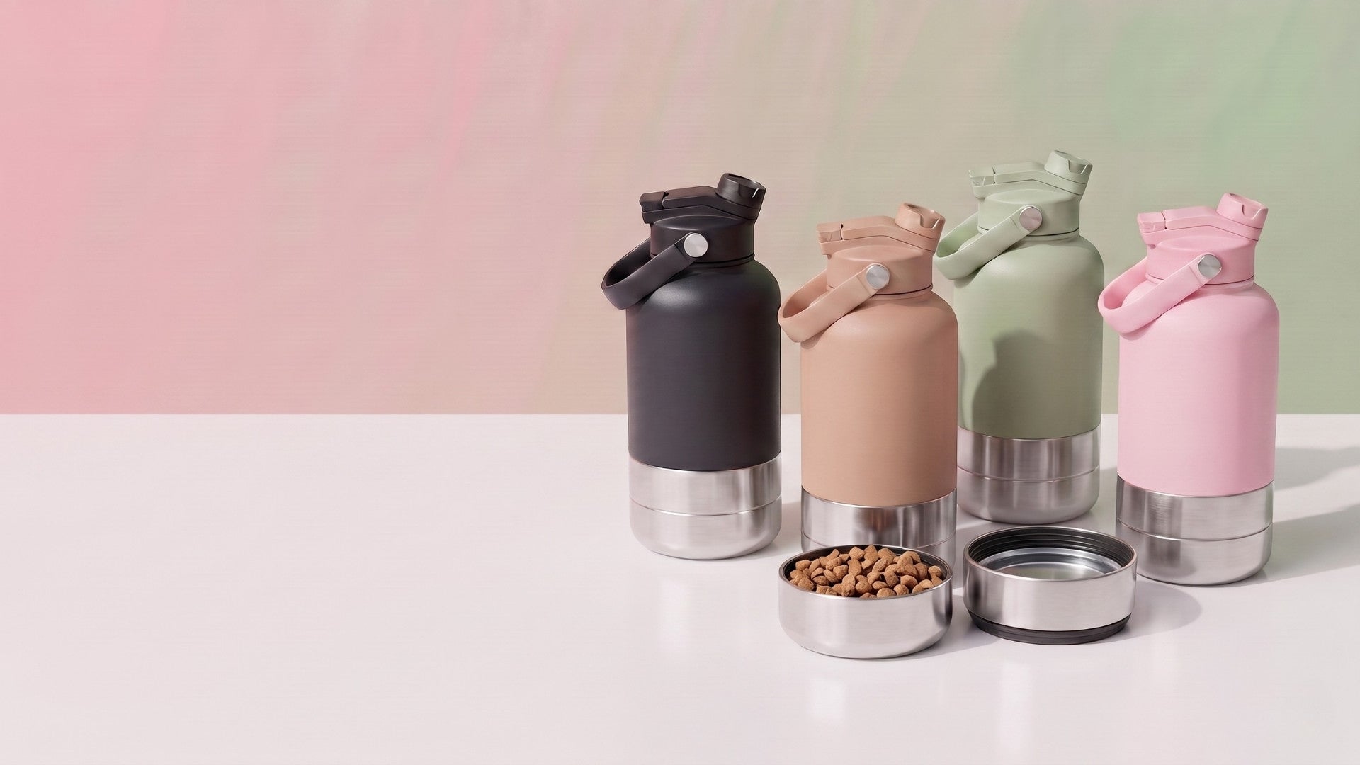Set of colorful insulated food containers on a white surface with a gradient background