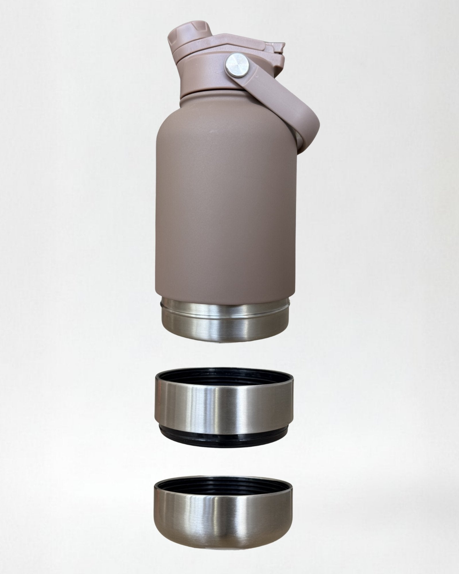 Brown insulated bottle with detachable water and dog food bowls on a light gray background