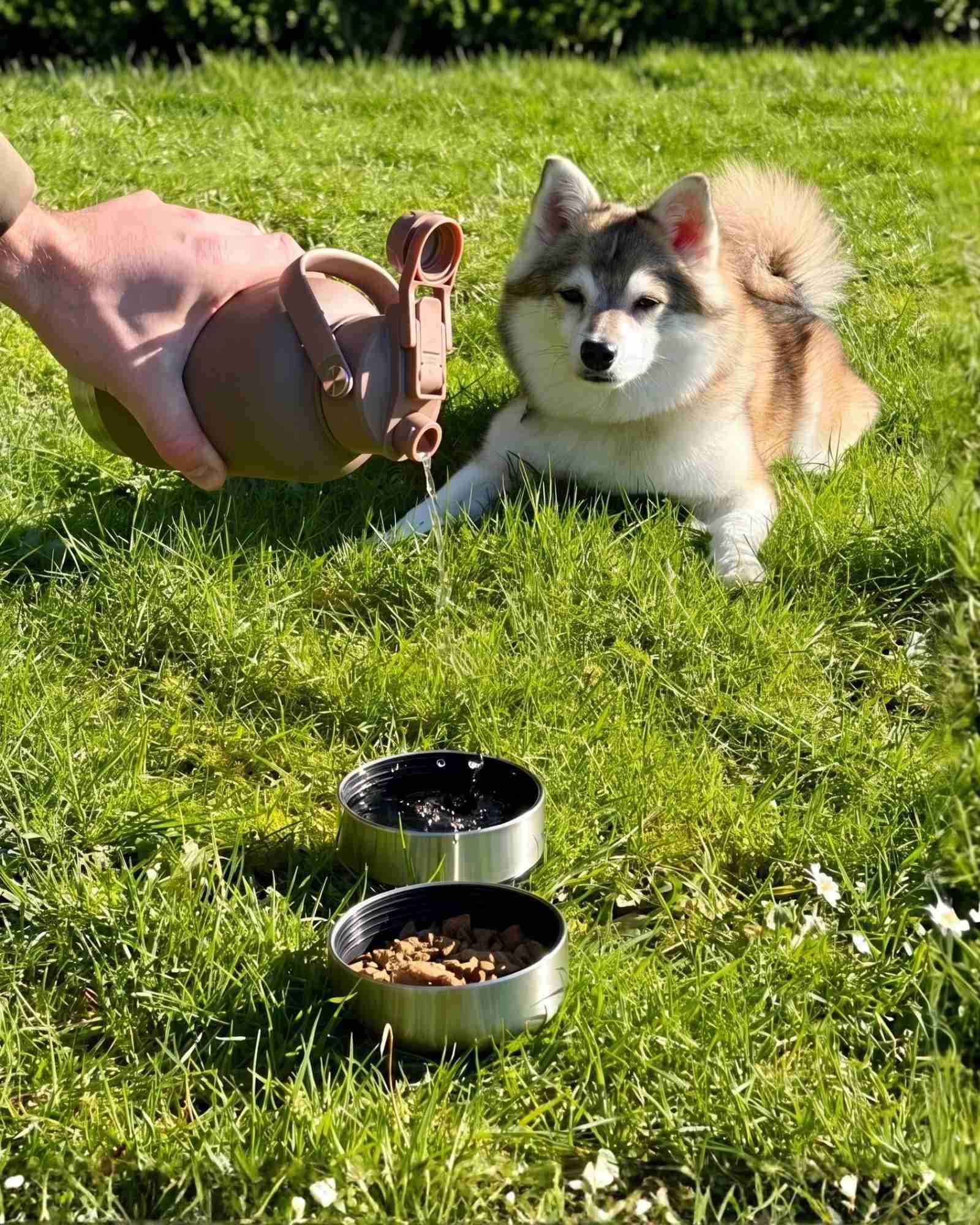 Dog lying on grass next to two metal dog bowls with a person holding a water bottle above one of them pouring water into the water bowl.