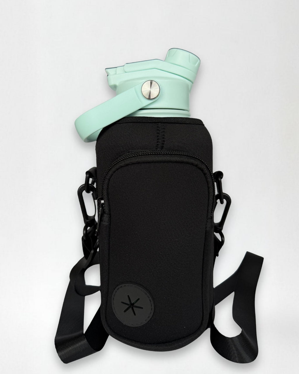 Black neoprene bottle bag with a aqua blue bottle on white background