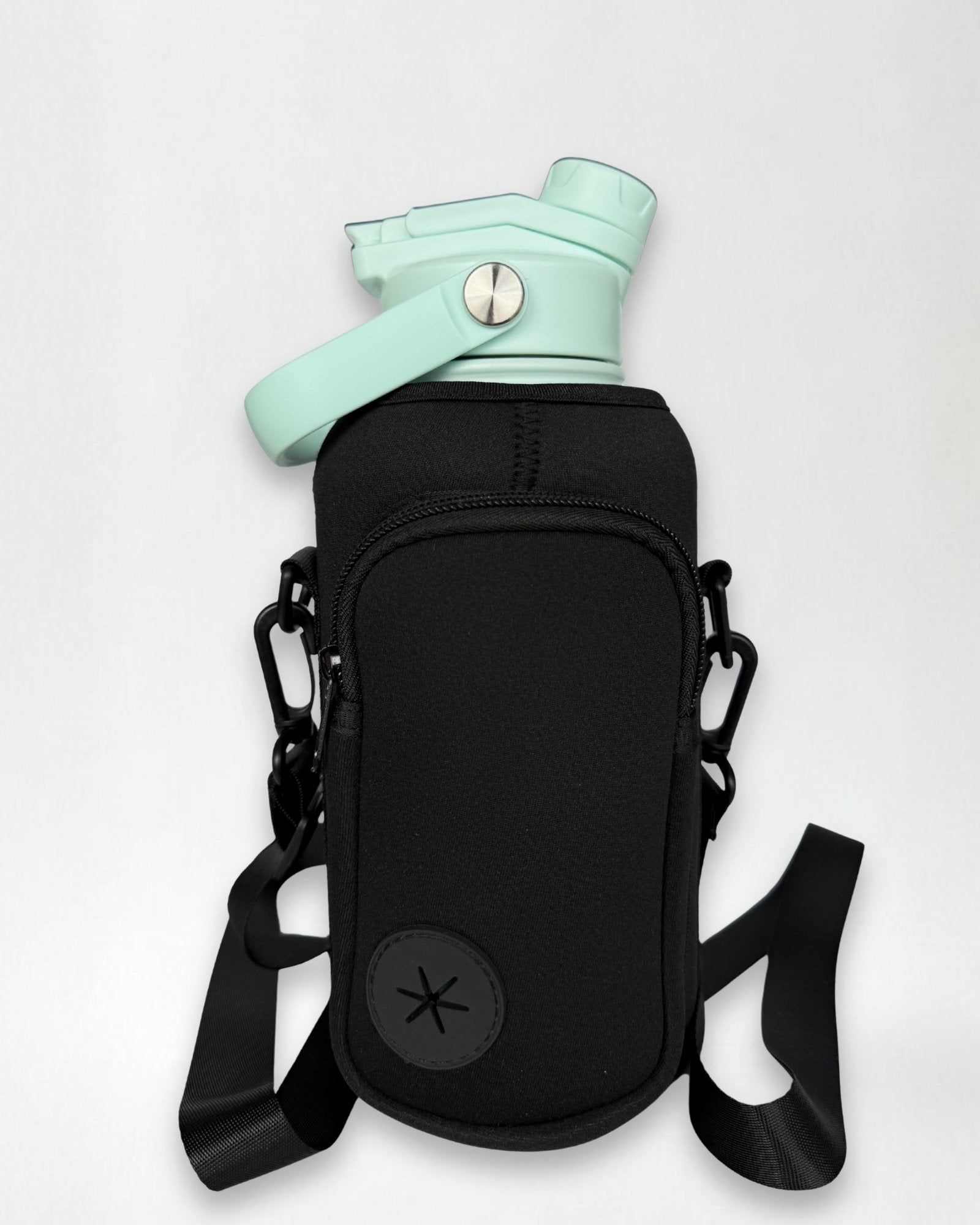 Black neoprene bottle bag with a aqua blue bottle on white background