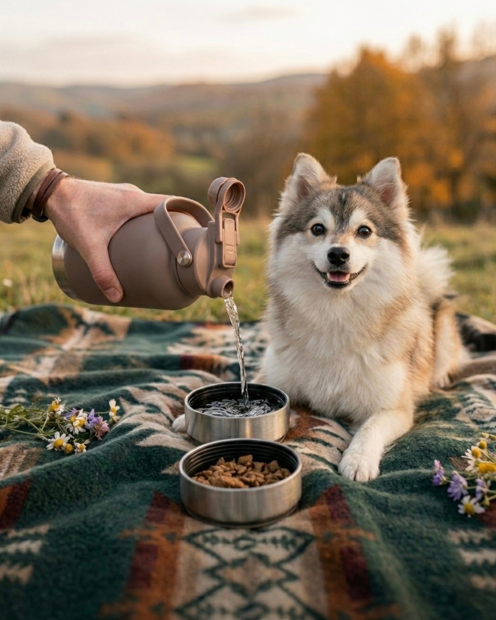 Person pouring water into a dog's bowl with a dog sitting on a blanket outdoors.